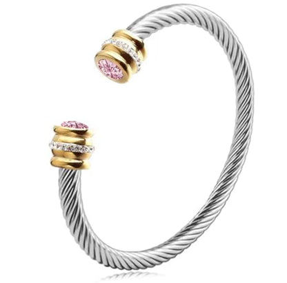 Birthstone Cable Cuff Bracelet for Women - Adjustable Open Cuff, Two-Tone Gold & Silver Twisted Bangle, Classic Stackable Jewelry Gift - color: Tourmaline