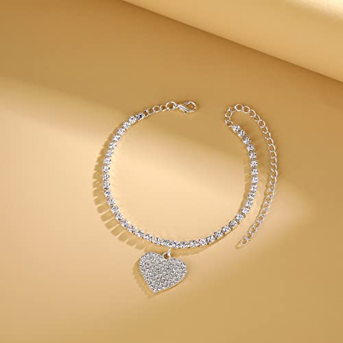 Fesciory Heart Rhinestone Ankle Bracelets for Women, Adjustable Silver Plated Shiny Tennis Anklets, Twinkle Cubic Zircon Imitation Diamond Anklet Foot Chain Jewelry Gifts - color: Thin Heart