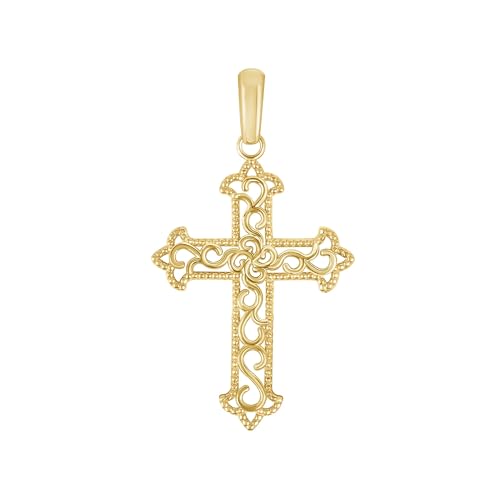 Takar 14K Gold Vermeil and 925 Sterling Silver Filigree Cross Pendant Necklace for Women, Open Work Christian Jewelry, Optional Rolo Chain - color: 14K Gold Vermeil