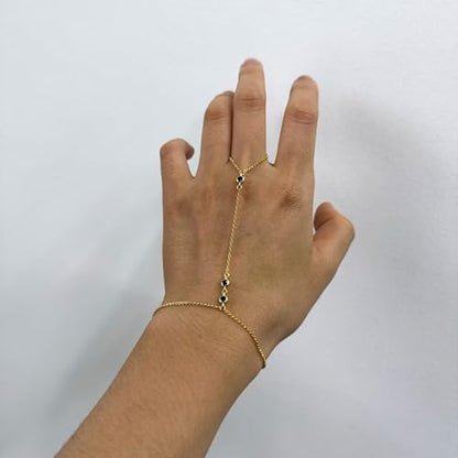 Kakikaki 925 Sterling Silver Finger Ring Bracelet Hand Chain for Women | Slave Bracelets 7" to 9" Adjustable - color: Gold, style: 3 Sapphire