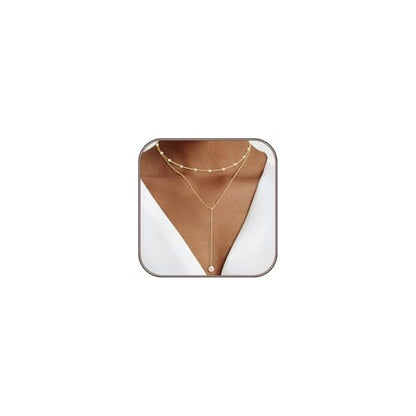 OGD Gold Pearl Necklace Set for Women 14K Plated Layered Daisy Choker Gift - color: 2PS-Lariat Pearl-Gold