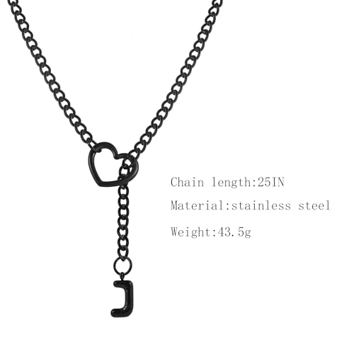 sroyte Black Heart Slip Chain Initial Necklaces for Women,Stainless Steel O-Ring Adjustable Lariat Heart Y-Necklace,Punk Gothic Cuban Collar Choker Necklace for women - color: Black J