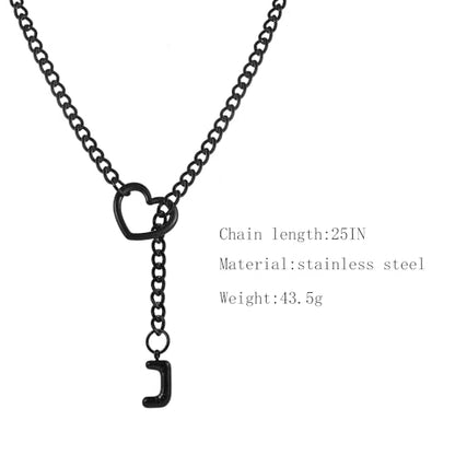 sroyte Black Heart Slip Chain Initial Necklaces for Women,Stainless Steel O-Ring Adjustable Lariat Heart Y-Necklace,Punk Gothic Cuban Collar Choker Necklace for women - color: Black J