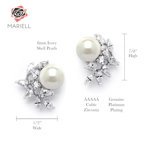 Mariell Pearl & Marquise CZ Crystal Wedding Earrings for Bride, Bridesmaids & Mother of the Bride - color: Silver