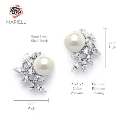 Mariell Pearl & Marquise CZ Crystal Wedding Earrings for Bride, Bridesmaids & Mother of the Bride - color: Silver