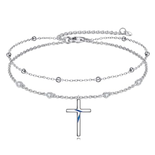 LUHE Cross Ankle Bracelets Sterling Silver Religius Double Chain Anklets Christian Baptism Layered Anklet Jewelry Gifts for Women - style: Elegant cross anklet