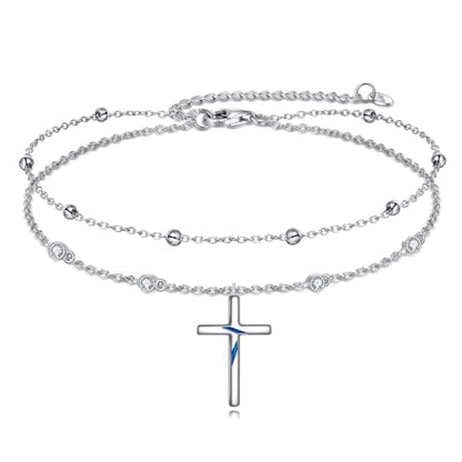 LUHE Cross Ankle Bracelets Sterling Silver Religius Double Chain Anklets Christian Baptism Layered Anklet Jewelry Gifts for Women - style: Elegant cross anklet