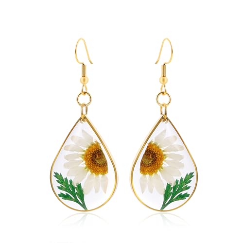 Silver/Gold Boho Dangle Statement Earrings for Women Trendy,Handmade Vintage Dainty Cute Long Drop Summer Earrings,fashion Accessories Jewelry Gifts - color: A30 Gold Mums preserved flowers