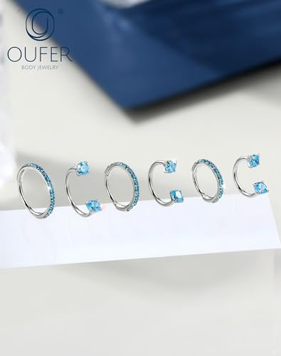 OUFER 2PCS Nose Rings Hoops, 20g Double Gem Horseshoe Threadless Nose Rings for Women, Septum Clicker Daith Tragus Helix Rook Eyebrow Lip Piercing Jewelry - color: Silver Aqua CZ