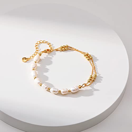Dainty Gold Bracelets for Women, 18 Gold Plated Adjustable Evil Eye/Butterfly/Beaded/Pearl/Heart/Turquoise Handmade Bracelet for Women - style: Pearl and Gold Bead