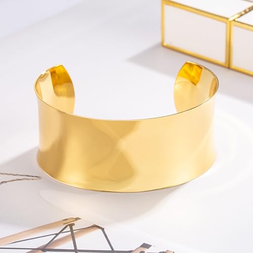 Dankadi Women 925 Sterling Silver Curved Bangle 30MM Wide Grooved Cuff Bangle Shiny Punk Open Bracelet Adjustable Plated 24k Gold/Rose Gold Jewelry Gift - color: Gold
