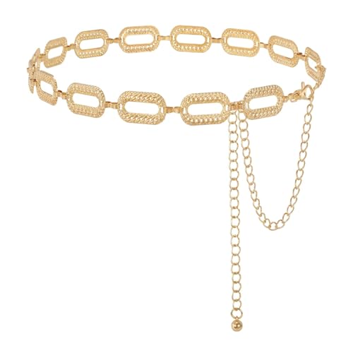 WHIPPY Metal Waist Chain Belt Women Adjustable Body Link Belts Ladies Fashion Chain for Jeans Dress - color: Gold, size: S: Fit for Waist up to 28", style: Oval