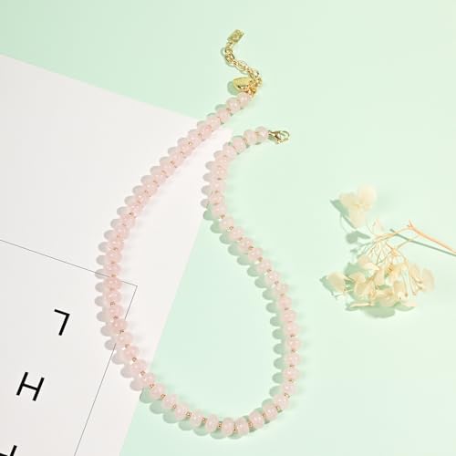 Boho Gemstone Beaded Necklace for Women – Colorful Natural Stone Choker 18K Solid Heart-Shaped Pendant, Summer Beach Jewelry - color: Rose Quartz