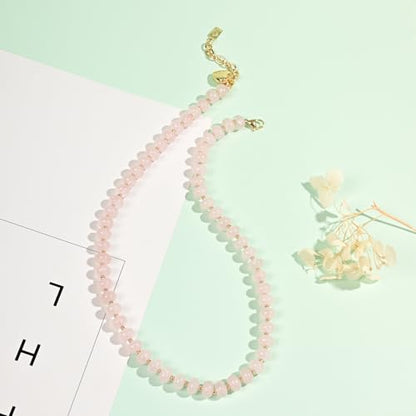 Boho Gemstone Beaded Necklace for Women – Colorful Natural Stone Choker 18K Solid Heart-Shaped Pendant, Summer Beach Jewelry - color: Rose Quartz