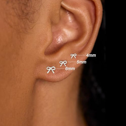 3 Pair Tiny Flat Back Earrings for Women - 14K Gold/White Gold Plated Dainty Cute Small Screw Flatback Stud Earring, Everyday Wear Gift - color: Bow Flat-4/5/6mm Silver