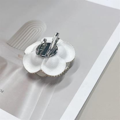 Dainty Crystal Camellia Flower Brooch Pin for Women Rhinestone Fabric 3D Floral Blossom Brooches Lapel Hair Pins Elegant Wedding Anniversary Dress Accessories Jewelry Gift 6.5cm/2.5in - color: White