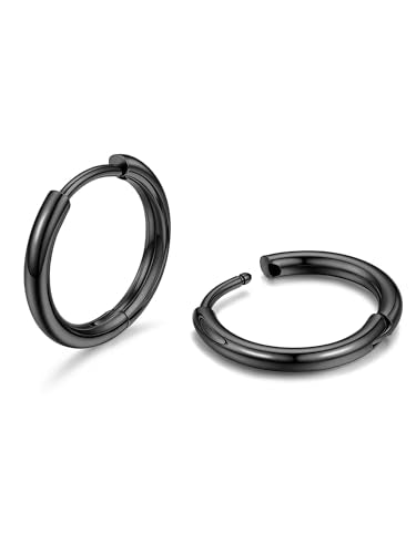 PROSTEEHoop Earrings for Men Women Stainless Steel Silver/Black/14K Gold | Waterproof & Lightweight Sleeper Small Huggie Earring Hypoallergenic Post Cartilage Piercing Jewelry for Mens Dad Gift Box - color: A. Round-Black, size: 12mm