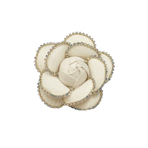 Dainty Crystal Camellia Flower Brooch Pin for Women Rhinestone Fabric 3D Floral Blossom Brooches Lapel Hair Pins Elegant Wedding Anniversary Dress Accessories Jewelry Gift 6.5cm/2.5in - color: Beige