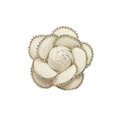 Dainty Crystal Camellia Flower Brooch Pin for Women Rhinestone Fabric 3D Floral Blossom Brooches Lapel Hair Pins Elegant Wedding Anniversary Dress Accessories Jewelry Gift 6.5cm/2.5in - color: Beige