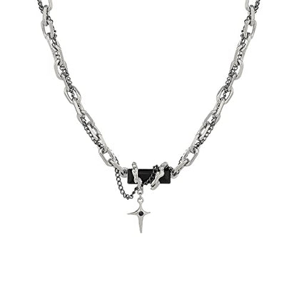 Gothic Cross Star Necklace For Men Women Silver Stainless Steel Cuban Link Paperclip Figaro Bead Chain Punk Kpop Y2k Goth Irregular Layered Cross Pendant Necklace Non Tarnish Jewelry Gift - color: Black C