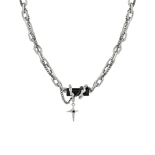 Gothic Cross Star Necklace For Men Women Silver Stainless Steel Cuban Link Paperclip Figaro Bead Chain Punk Kpop Y2k Goth Irregular Layered Cross Pendant Necklace Non Tarnish Jewelry Gift - color: Black C