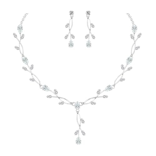 CSY Elegant Bridal Jewelry Sets Clear Cubic Zirconia Wedding Necklace Earrings Bracelet Set for Birdes Bridesmaids CZ Prom Jewelry - color: Silver-Necklace Earrings
