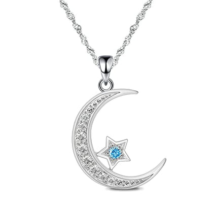 Sterling Silver Crescent Moon Star Necklace Cubic Zirconia Jewelry for Teen & Women Ladies Dainty 18" Chain - color: Lake Blue
