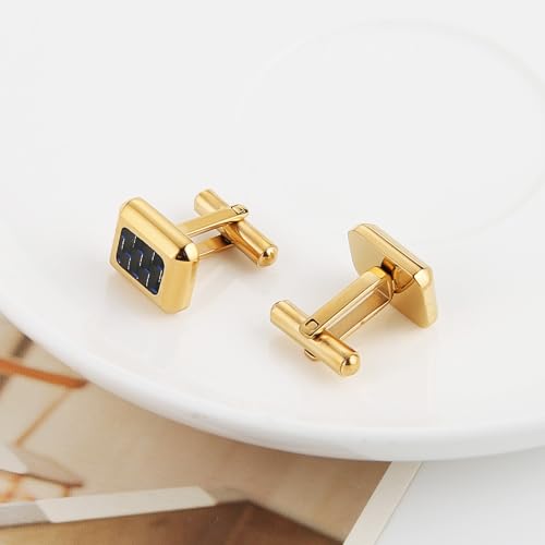HZMAN Rectangle Carbon Fiber Cufflinks for Men, Stainless Steel High Polished Formal Cuff Links with Carbon Fiber Inlay, Dress Shirt Accessories for Wedding Business Party - style: Gold