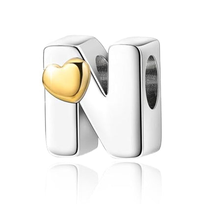 Two-Tone Gold Heart S925 Silver Letter Charm Fits Pandora Bracelet Necklace | Initial Bead Two-Tone Gold Heart, DIY European Bracelet Accessory, Gift for Ladies Birthday Anniversary Valentine - style: N