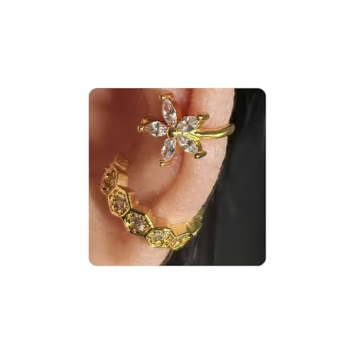 2 Pairs Ear Cuff Earrings for Women 14K Gold Plated Non Tarnish Gold Ear Cuffs Set Cute Fake Piercings Earings Rhinestones Clip On Earrings Wraps Jewelry - color: Gold-2