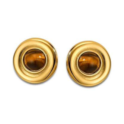 Brown Earrings Circle Chunky Earrings for Women Trendy 18K Gold Plated Stud Hoop Stainless Steel Hypoallergenic - color: Round Disc Stud