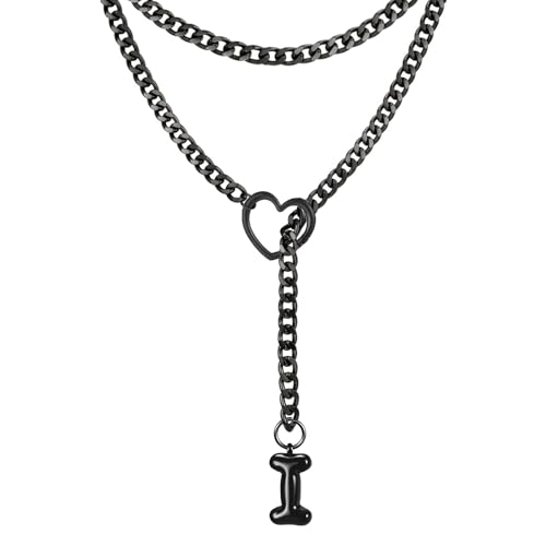 Black Heart Slip Chain Initial Necklaces for Women, Stainless Steel Wrap Choker Necklace, Gothic O-Ring Adjustable Lariat Y Necklaces, Punk Cuban Collar Choker Necklace, Halloween Jewelry Gift - color: Black I