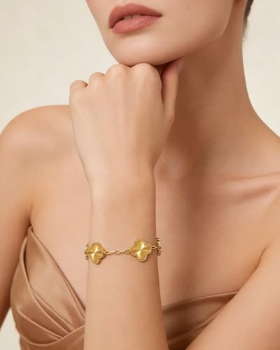 Four Leaf Clover Bracelet 18K Gold Plated Bracelets for Women Lucky Flower Design Stainless Steel Hypoallergenic Link Chain Adjustable Dainty Trendy Jewelry Gifts for Women - color: Gold+Red