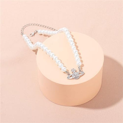 Dreuyet Saturn Pearl Necklace and Earrings Set Crystal Planet Earrings Dainty Artificial Pearl Choker Necklace Charm Gifts for Mum Wife Wedding Birthday Anniversary - color: Saturn Earrings Necklace Bracelet Silver