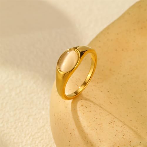 HIJONES Women's Stainless Steel Oval Opal Gemstone Dome Stacking Signet Ring Charming Wedding Jewelry - color: White Stone