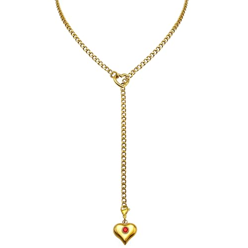 Heart Layer Pendant Necklace for Women, Adjustable Slip Chain with Colorful Gemstone & Heart Clasp - color: Gold-Red