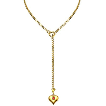 Heart Layer Pendant Necklace for Women, Adjustable Slip Chain with Colorful Gemstone & Heart Clasp - color: Gold-Red