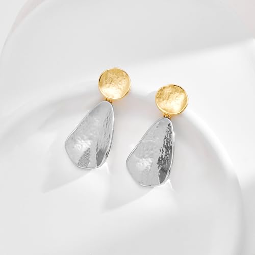 YUJIE Clip On Earrings for Women Dangle Hammered Geometric Earrings Gold Plated Jewelry - color: two tone