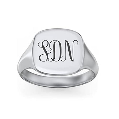 Personalized Monogram 3 Letters Engraved Square Charm Initial Signet Ring Jewelry - color: Silver