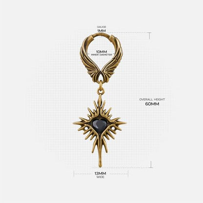 PUNKYOUTH Gothic Crest Dangle Drop Hoop Earrings Dark Alternative Piercing Jewelry 18G 1mm Antique Finish Ornate Scroll Cubic Zirconia Spike Statement Everyday Wear Accessories For Women Men - color: Winged Heartburst Earring-Gold