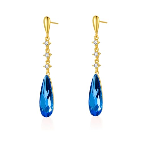 VONSSY Austrian Crystal Teardrop Drop Dangle Earrings Gold Plated Silver Post Zircon Gemstone Jewelry Gift for Woman Girlfriend Mom Wife - color: Sappire Blue