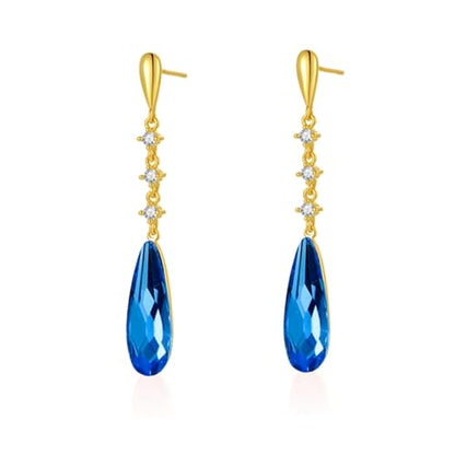 VONSSY Austrian Crystal Teardrop Drop Dangle Earrings Gold Plated Silver Post Zircon Gemstone Jewelry Gift for Woman Girlfriend Mom Wife - color: Sappire Blue