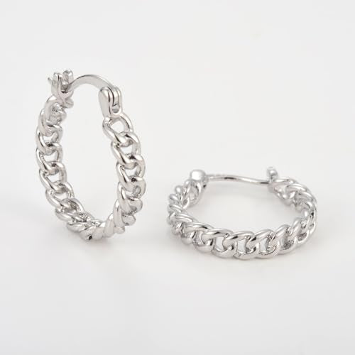RENAIZ Dainty Lightweight Hoop & Stud Earrings for Women – 14K Gold Plated & Rhodium Plated, Minimalist Geometric Hypoallergenic Jewelry, Tiny Dainty Everyday Studs and Hoops - color: White Gold, style: Twisted Chain
