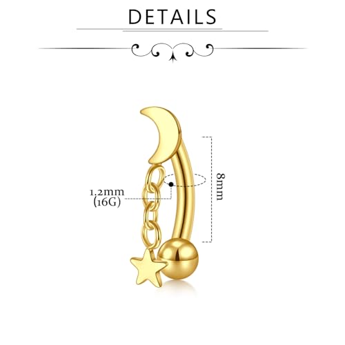 FECTAS 16G 8PCS Rook Piercing Jewelry Eyebrow Rings for Women Rook Earrings Tragus Daith Cartilage Lip Belly Surface Curved Barbell Piercing Jewelry 10mm 8mm - style: style3-8mm-gold