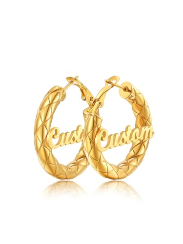 FindChic Chunky Hoop Earrings for Women, Silver/Black/14K Gold Plated Crossover Patterned Hollow Tube Rounded Loop Earrings, 30mm/40mm/60mm/80mm Hoops with Custom Name Options and Gift Box - color: f.Gold (Custom Name), size: 30MM