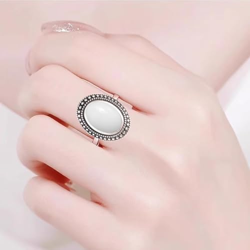 Natural Oval Stone Boho Ring,Retro Antique S925 Sterling Silver Crystal Quartz Gemstone Bohemian Statement Handmade Ring Jewelry for Women Her - color: B10_White Jade