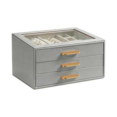 Homeanda Glass Lid Jewelry Boxes for Women, 3-Layer PU Leather Organizer with 2 Drawers, Display Storage for Rings Necklaces Earrings Bracelets Watches, Gift for Wife and Girls (Grey) - color: Grey, size: 3 Layer (8.4"D x 5.7"W)