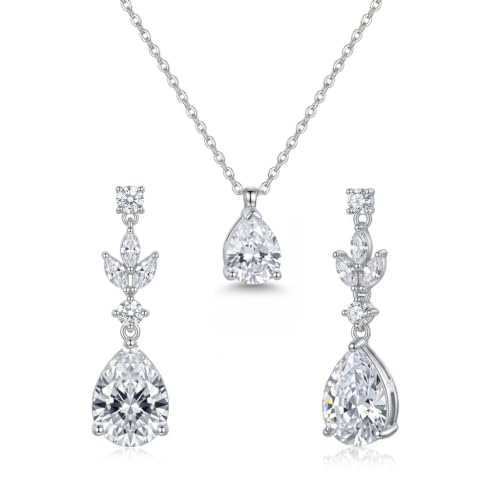 Teardrop Wedding Jewelry Set for Women, Silver Necklace and Earrings Set, Cubic Zirconia Bridal Jewelry for Bride Bridesmaid Prom Party