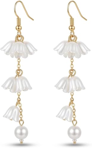 Kruckel Long Dangle Earrings for Women, White Floral Pearl-Inspired | Pearl Drop Earrings, Lightweight Gold-Tone Jewelry for Weddings, Parties, Bridesmaids, Birthdays and Occasion Gifts - color: White Gold D