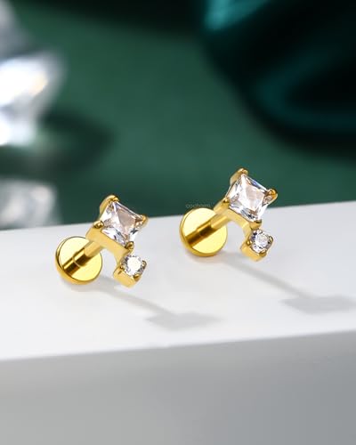 COCHARM 16G Threadless Labret Stud Earrings Flat Back Helix, Tragus, Cartilage,Conch Piercing Jewelry Square CZ Push Pin Lobe Stud 6mm 8mm 316L Steel Silver, Gold - color: Gold, size: 1.2x6mm
